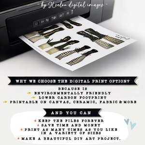 May include: A digital printable design featuring a set of witch legs with black and white striped stockings and black boots. The text "Why we choose the digital print option?" is displayed with bullet points listing the benefits of digital printing, including being environmentally friendly, having a lower carbon footprint, and being printable on various surfaces like canvas, ceramic, fabric, and more. The text "And you can" is displayed with bullet points listing the benefits of digital printing, including keeping the files forever, saving time and money, printing as many times as you like in a variety of sizes, and making a beautiful DIY art project.