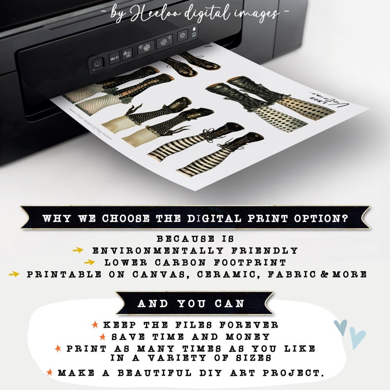 May include: A digital printable design featuring a set of witch legs with black and white striped stockings and black boots. The text "Why we choose the digital print option?" is displayed with bullet points listing the benefits of digital printing, including being environmentally friendly, having a lower carbon footprint, and being printable on various surfaces like canvas, ceramic, fabric, and more. The text "And you can" is displayed with bullet points listing the benefits of digital printing, including keeping the files forever, saving time and money, printing as many times as you like in a variety of sizes, and making a beautiful DIY art project.