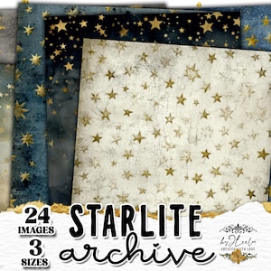 May include: A collection of digital papers with a celestial theme. The papers feature gold stars on various backgrounds, including navy, blue, and off-white. The text "STARLITE archive" is displayed with the number of images and sizes.