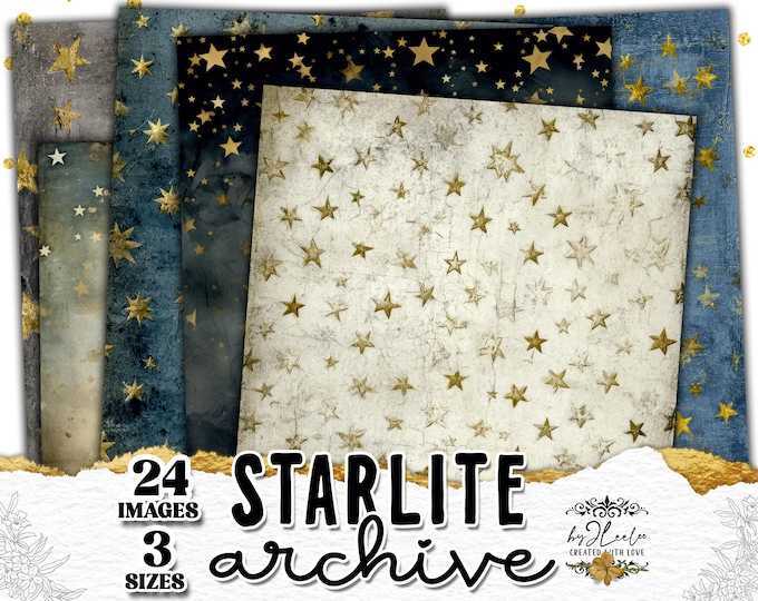 STARLIT ARCHIVE vintage starry backgrounds for junk journal & paper crafts| Grunge gold night texture scrapbooking digital art  | ppK11