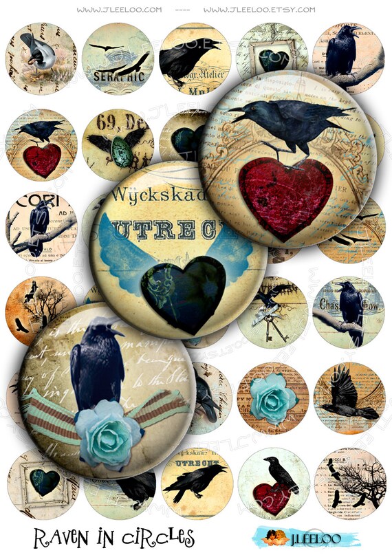 Digital collage sheet RAVEN IN CIRCLES 1.5 inch circle for spooky halloween pendant and craft instant download printable tn157