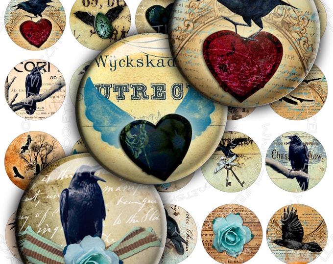 Digital collage sheet RAVEN IN CIRCLES 1.5 inch circle for spooky halloween pendant and craft instant download printable tn157