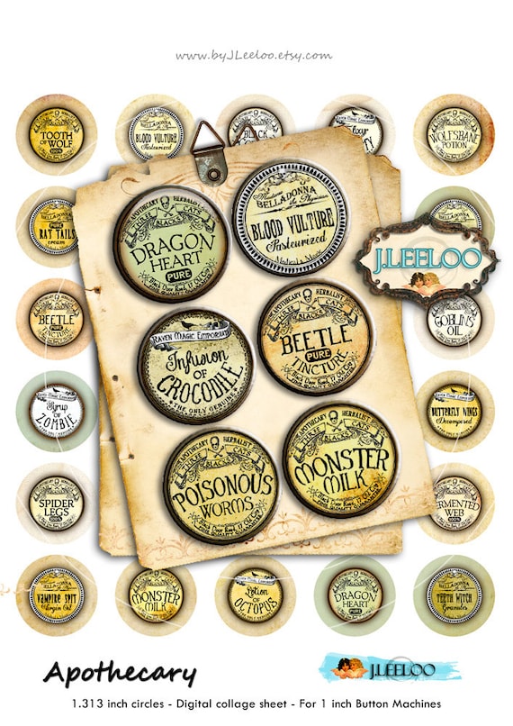 APOTHECARY Digital printable 1 inch 1.25 inch button machine vintage label scary halloween magnet pendant instant download printable tn510