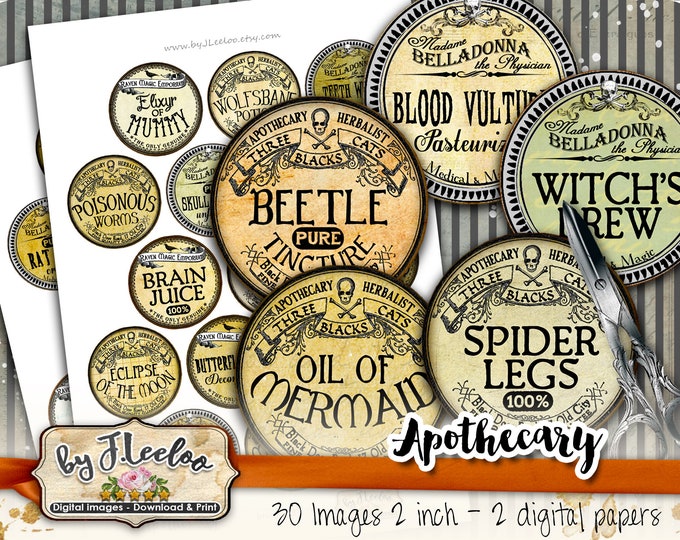 APOTHECARY 2 inch circle goth hang tag label arsenic magnet stickers glass pendant instant download printable tn597