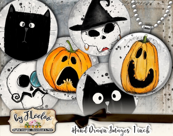 SKULL CAT PUMPKIN 1 inch hand drawn for party magnets scrapbook pendants Digital collage for instant download  tn587