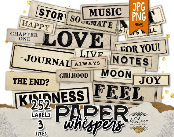 PAPER WHISPERS – 252 Vintage Typography Word Labels | Sentiments for Junk Journals, Scrapbooking & Creative Crafts | Printable CU | tl350