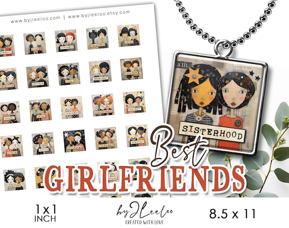 BEST GIRLFRIENDS 1x1 inch printable | supplies square pendants, charm for girls, gift for friend | pin magnet craft card altered art | qu586