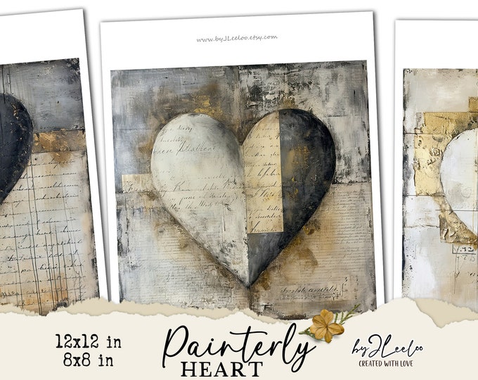 20 PAINTERLY HEART 8x8 12x12 vintage romantic collage | Valentine poster background vintage scrapbook decor art | Printable ephemera | qu599