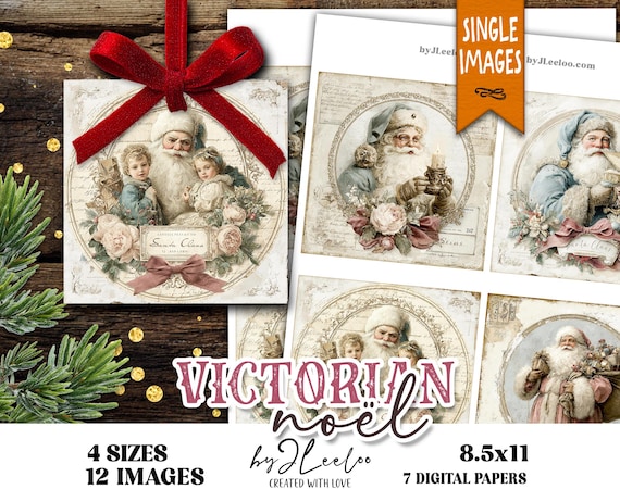 VICTORIAN NOËL vintage Santa Claus square illustrations, Victorian Christmas portraits for junk journals & holiday crafts | qu639