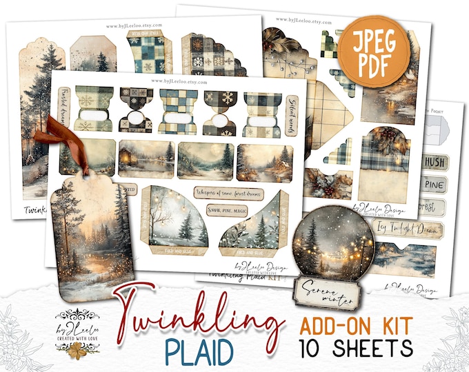 TWINKLING PLAID Add-On Kit Junk Journal Pages printable | Winter Christmas Forest Scrapbook vintage | Digital art Fussy cut CU | pp885