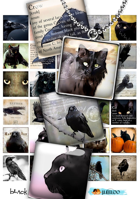 Digital paper BLACK CAT n RAVEN 1.5 inch dark gothic halloween victorian poe magnet stickers pendant instant download printable qu439