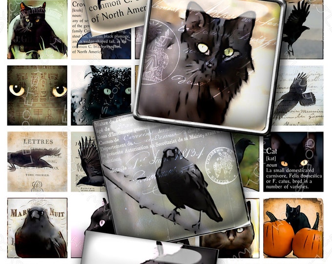 Digital paper BLACK CAT n RAVEN 1.5 inch dark gothic halloween victorian poe magnet stickers pendant instant download printable qu439