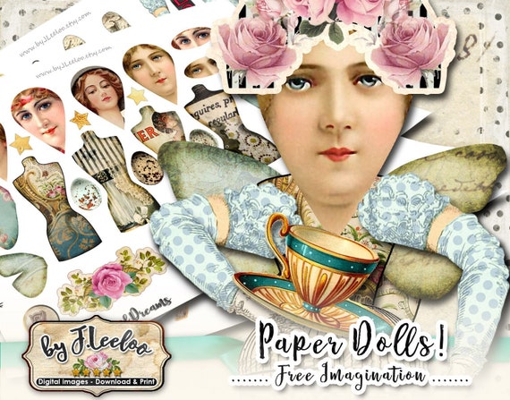 Articulated PAPER DOLL digital altered art Digital collage sheet for journal page scrapbook diary art instant download printable pp450
