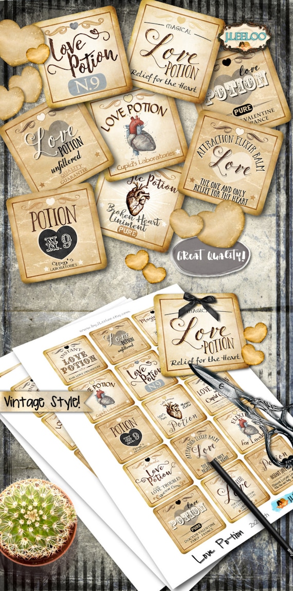 LOVE POTION 1x1 inch vintage digital image steampunk labels printable halloween magic heart scrapbook diy instant download qu490