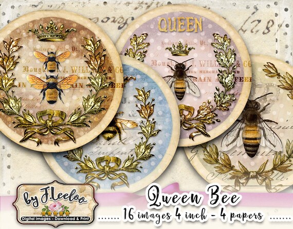 QUEEN BEES 4 inch round digital paper circle large french scrapbook coaster magnet instant download printable image qu570