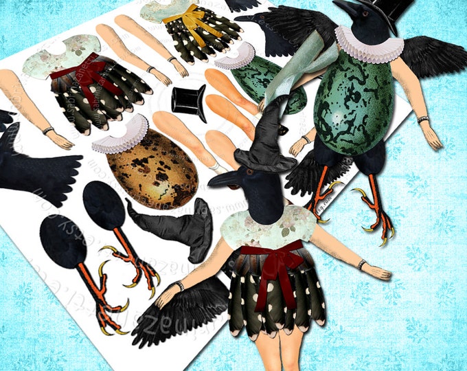 RAVEN DOLL sheet altered art journal page paper Digital collage sheet craft supply scrapbooking jpg png instant download printable pp156