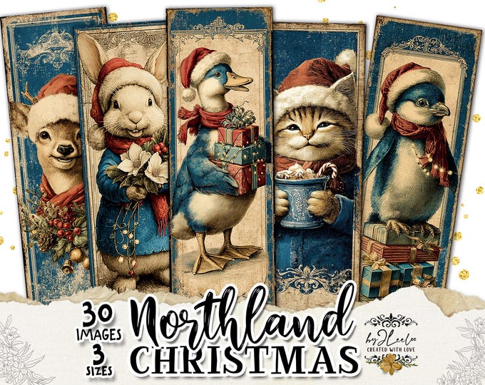 NORTHLAND CHRISTMAS vintage storybook animal bookmarks, tall Christmas designs for journals, gifts and holiday paper crafts | bm138