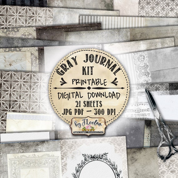 GRAY JOURNAL KIT junk paper diy vintage shabby chic diary printable collage sheets pp483