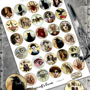 May include: A digital paper sheet with 24 round images, each featuring a different vintage-style illustration. The images include a skull, a bat, a crow, a heart, an eye, and a spider. The images are 1.5 inches in diameter and are perfect for crafting projects.