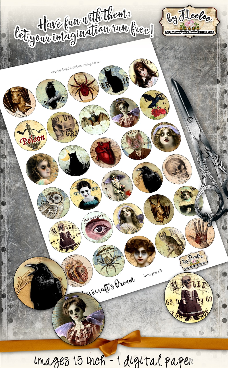 May include: A digital paper sheet with 24 round images, each featuring a different vintage-style illustration. The images include a skull, a bat, a crow, a heart, an eye, and a spider. The images are 1.5 inches in diameter and are perfect for crafting projects.