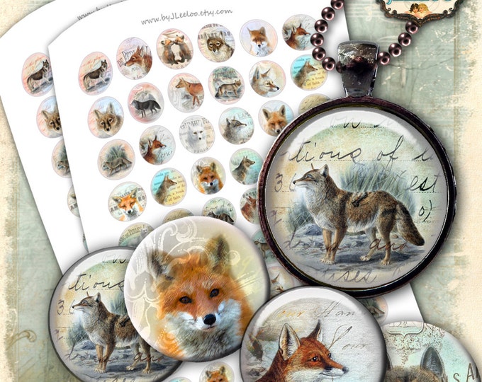 Digital printable FOX AND WOLF 1 inch circle sheets digital images paper goods vintage magnets pendant craft instant download tn487