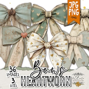 Può includere: Una collezione di fiocchi decorativi in vari stili e colori, tra cui azzurro, crema e verde. Alcuni fiocchi presentano motivi a cuore e accenti floreali. L'immagine include il testo "Bows Heartworn" e dettagli sulle immagini e le dimensioni.