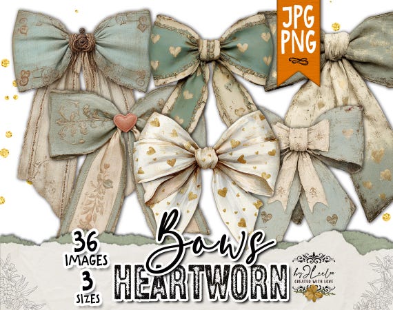HEARTWORN BOWS Vintage Ribbon Collage PNG, Romantic Junk Journal Ephemera, Shabby Antique Bows | cl210