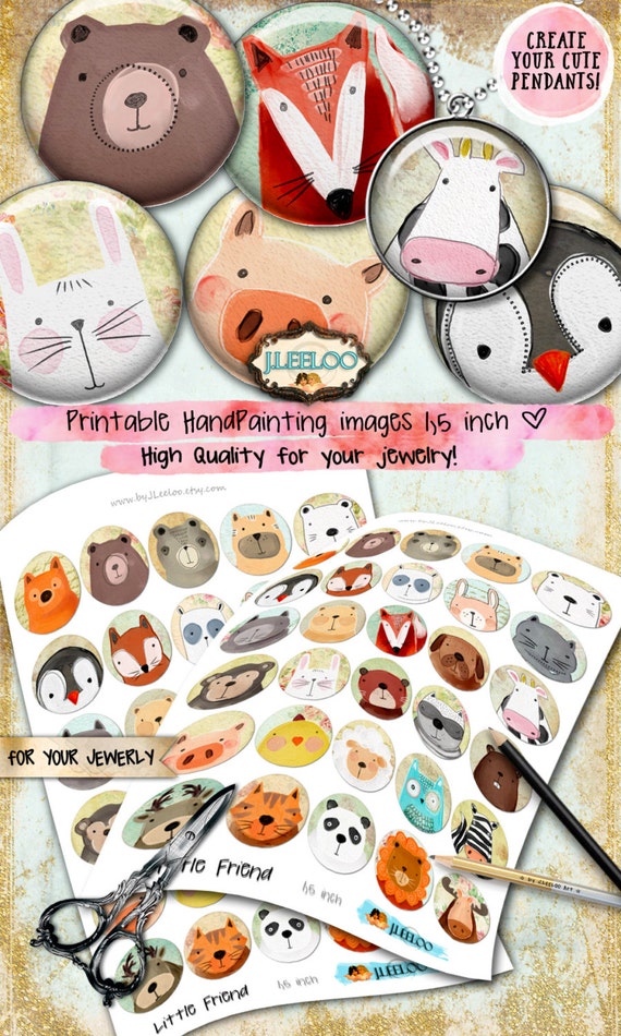 LITTLE FRIEND circle watercolor hand painting clipart pet romantic 1,5 inch pendant magnet craft instant download printable paper tn512