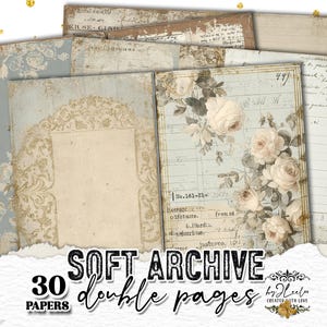 Könnte beinhalten: Eine Sammlung von 30 doppelseitigen Papieren mit einer weichen, Vintage-Ästhetik. Die Papiere zeigen florale und Schriftmuster in gedämpften Blau-, Beige- und Cremetönen. Die Wörter "SOFT ARCHIVE" und "double pages" sind sichtbar.