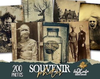 SOUVENIR PHOTOS Collection 200 Odd photos | creepy junk journal digital ephemera supplies | victorian photo cards halloween Bundle | cp010