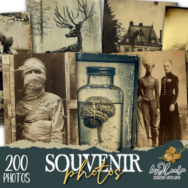 SOUVENIR-FOTOS-Sammlung 200 seltsame Fotos | gruseliges Junk Journal digitales Ephemera-Zubehör | viktorianische Fotokarten Halloween Bundle | cp010