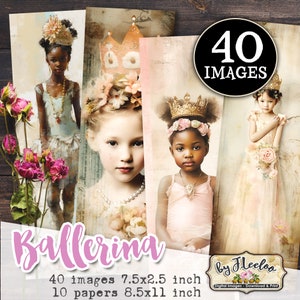 Coleção BALLERINA 40 imagens | diário de lixo vintage efêmero | Suprimentos Shabby Chic para impressão | Tema de balé esfarrapado para fazer cartões | pp601