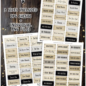 May include: Digital download of Soul Labels with inspirational quotes in various sizes. The labels feature phrases like "Be Fearless," "Choose Joy," and "Live Simply" in a vintage style with a neutral color palette.