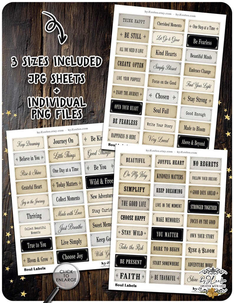 May include: Digital download of Soul Labels with inspirational quotes in various sizes. The labels feature phrases like "Be Fearless," "Choose Joy," and "Live Simply" in a vintage style with a neutral color palette.