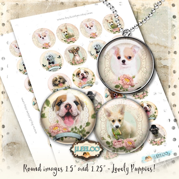 ADORABLE FRIENDS 1.5 inch 1.25 inch round Digital print hang tag dog bezel tray images pendant magnet instant download printable tn529