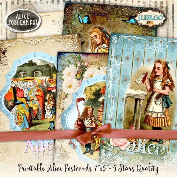 ALICE POSTCARD printable 7x5 inch postcard Digital collage sheet wonderland scrapbook diary invited instant download background pp368