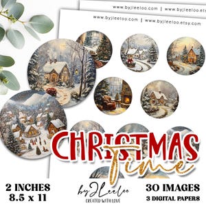 KERSTTIJD Afdrukbare cirkel van 2 inch | Winterlandschap Vintage Retro Feestdagen Folk Shabby chic digitaal ornament hangers magneten | tn826