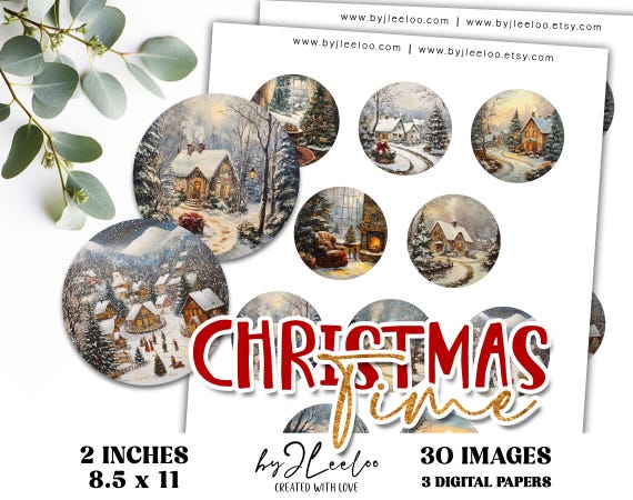 CHRISTMAS TIME 2 inch circle printable | Winter Scenery Vintage Retro Holidays Folk Shabby chic digital ornament pendants magnets | tn826