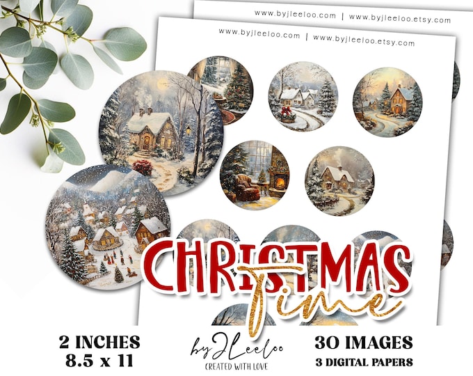 CHRISTMAS TIME 2 inch circle printable | Winter Scenery Vintage Retro Holidays Folk Shabby chic digital ornament pendants magnets | tn826