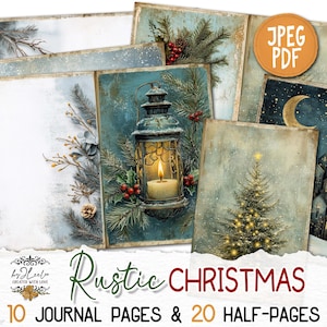 Diario basura navideño rústico, páginas para imprimir, vacaciones, cabaña romántica en el bosque de invierno azul, kit de álbum de recortes, paisaje vintage, pp867
