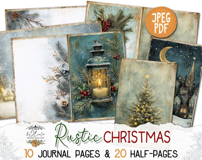 RUSTIC CHRISTMAS Junk Journal Holidays Pages printable | Romantic Blue Winter Woodland Cottage | Kit scrapbook vintage landscape | pp867
