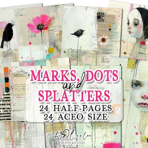 Marks Dots & Splatters 24 páginas y medias Whimsy Junk Journal / 24 Aceo Atc Mixed Media / Papel digital de collage abstracto Uso comercial / pp838