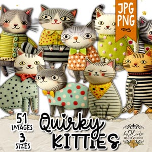 Op de afbeelding: Een verzameling eigenzinnige kattenillustraties in verschillende poses en outfits. De katten hebben verschillende patronen, waaronder strepen, stippen en effen kleuren. De tekst "Quirky Kitties" wordt onder de katten weergegeven, samen met de tekst "51 Images 3 Sizes".