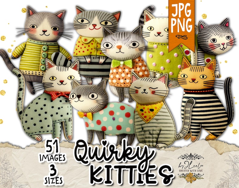 Op de afbeelding: Een verzameling eigenzinnige kattenillustraties in verschillende poses en outfits. De katten hebben verschillende patronen, waaronder strepen, stippen en effen kleuren. De tekst "Quirky Kitties" wordt onder de katten weergegeven, samen met de tekst "51 Images 3 Sizes".