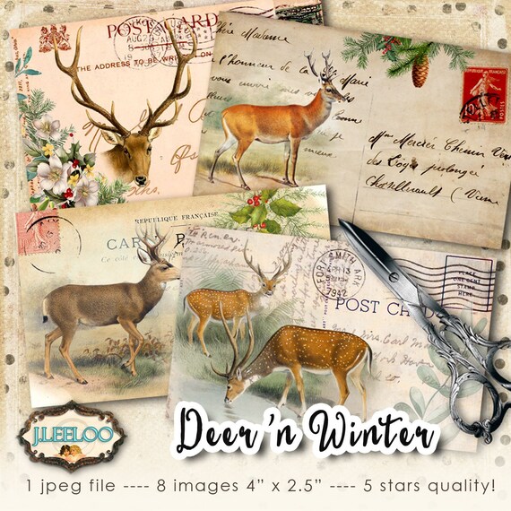 DEER n WINTER printables paper craft ephemera scrapbook downloadable diary greeting cards Digital collage sheet instant download tl201