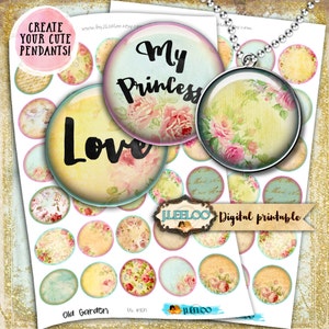May include: A digital printable sheet of 15 round images, each 1.5 inches in diameter, featuring vintage floral designs and text. The designs include a floral pattern with the words "My Princess", "Love", and "Old Garden".