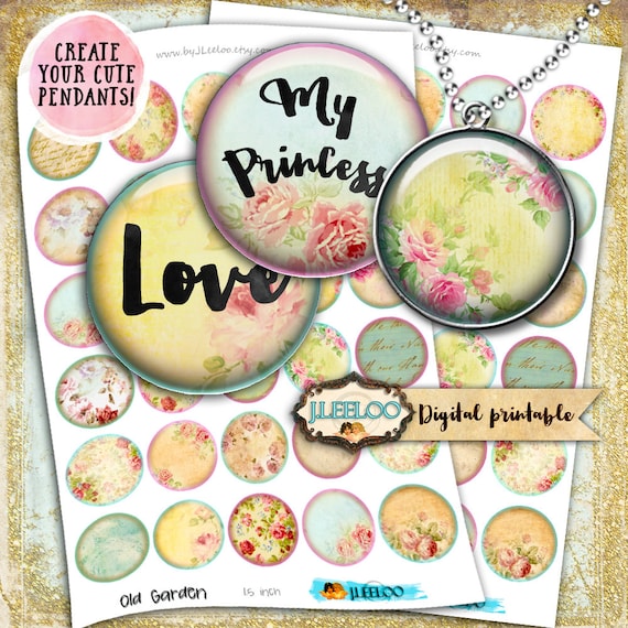 Digital print OLD GARDEN 1.5 inch circle writable tag flower images bottlecup editable magnets instant download printable image tn258