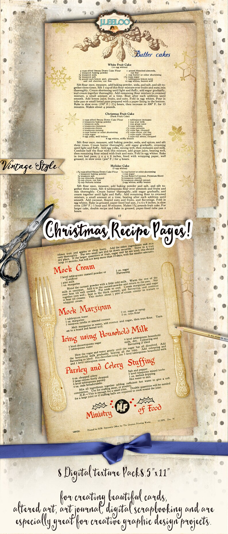 CHRISTMAS RECIPE 8 large vintage holidays food digital collage sheets papers for scrapbook jpg art instant download printable pp433
