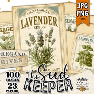 Puede incluir: Una colección de sobres de semillas de estilo vintage con hierbas como lavanda, salvia y melisa. Los sobres tienen ilustraciones botánicas y texto como "Garden Favorites" y "The Seed Keeper". La imagen incluye una etiqueta "JPG PNG".