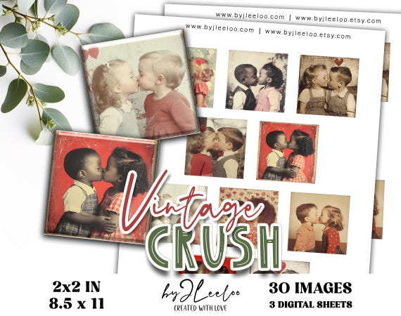 VINTAGE CRUSH 2x2 inch printable | Valentine Junk Journal Scrapbooking | Square Pendant Cabochon Trays Glass Bezels | Retro Ephemera | qu621